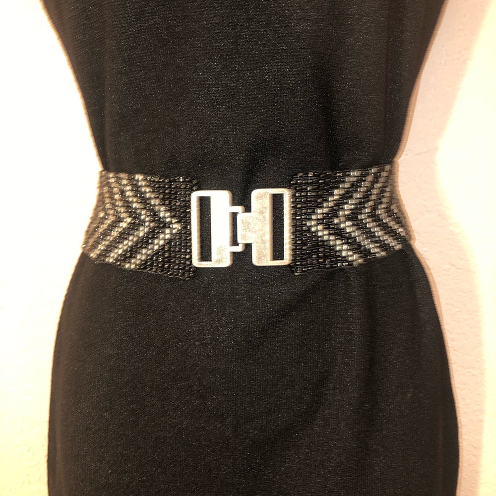 Vintage beaded black and silver belt with silver hardware EUC wide silhouette L